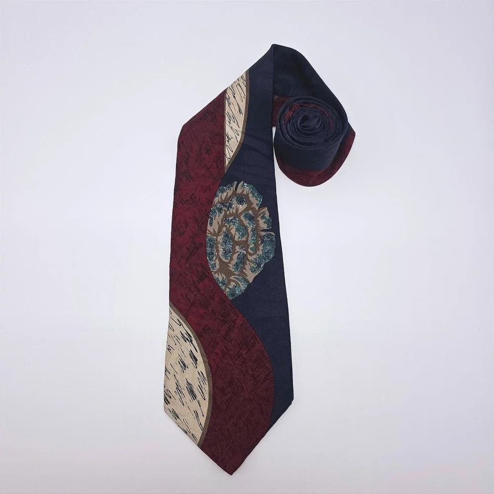 Retro Ferracci Mens Silk‎ Necktie Burgundy Navy Blue Abstract Geometric Pattern